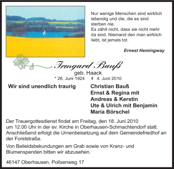 Traueranzeige von Irmgard Bauß von Tageszeitung