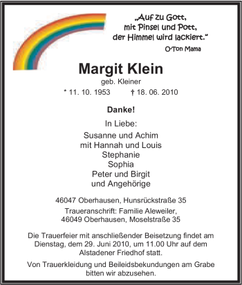 Traueranzeige von Margit Klein von Tageszeitung