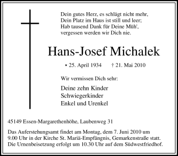 Traueranzeige von Hans-Josef Michalek von Tageszeitung