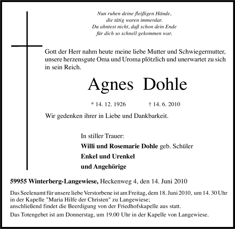  Traueranzeige für Agnes Dohle vom 16.06.2010 aus Tageszeitung