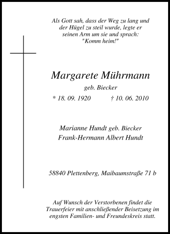 Traueranzeige von Margarete Mührmann von Tageszeitung