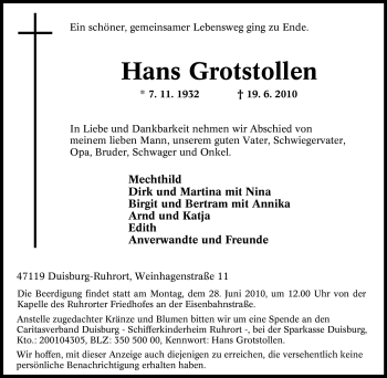 Traueranzeige von Hans Grotstollen von Tageszeitung