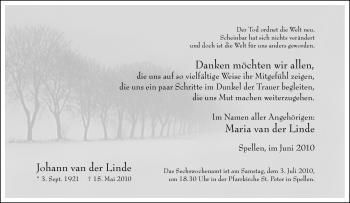 Traueranzeige von Johann van der Linde von Tageszeitung