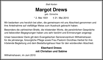 Traueranzeige von Margot Drews von Tageszeitung