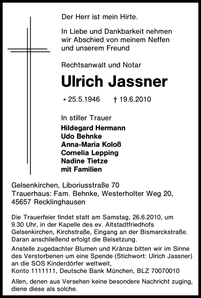  Traueranzeige für Ulrich Jassner vom 23.06.2010 aus Tageszeitung