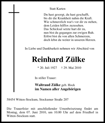 Traueranzeige von Reinhard Zülke von Tageszeitung