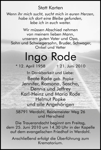Traueranzeige von Ingo Rode von Tageszeitung