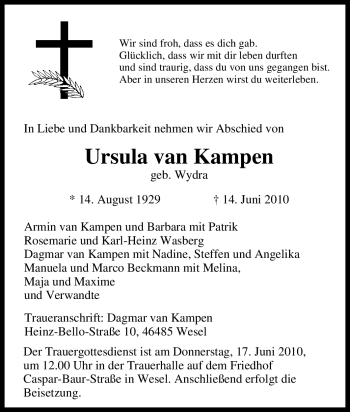 Traueranzeige von Ursula van Kampen von Tageszeitung