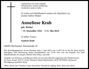 Traueranzeige von Anneliese Krah von Tageszeitung