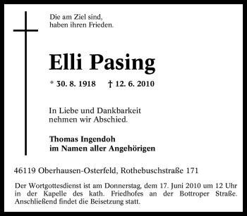 Traueranzeige von Elli Pasing von Tageszeitung