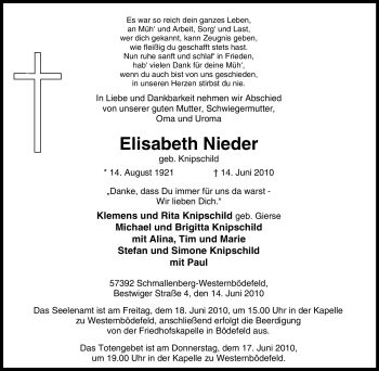 Traueranzeige von Elisabeth Nieder von Tageszeitung