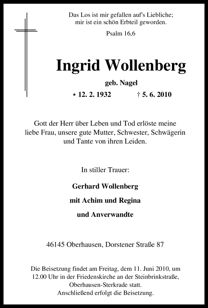  Traueranzeige für Ingrid Wollenberg vom 08.06.2010 aus Tageszeitung