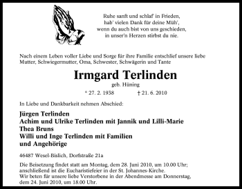 Traueranzeige von Irmgard Terlinden von Tageszeitung