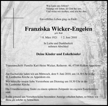 Traueranzeige von Franziska Wicker-Engelen von Tageszeitung