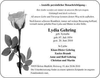 Traueranzeige von Lydia Gehring von Tageszeitung