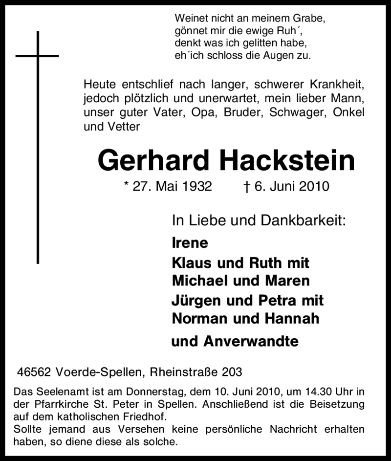  Traueranzeige für Gerhard Hackstein vom 08.06.2010 aus Tageszeitung