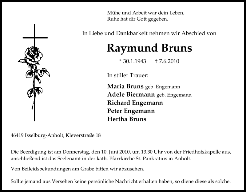  Traueranzeige für Raymund Bruns vom 09.06.2010 aus Tageszeitung