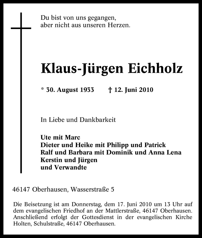 Traueranzeigen von KlausJürgen Eichholz TrauerinNRW.de