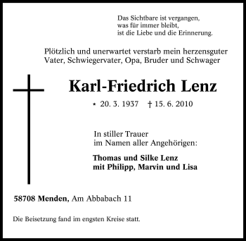 Traueranzeige von Karl-Friedrich Lenz von Tageszeitung