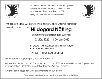 Traueranzeige von Hildegard Nötting von Tageszeitung