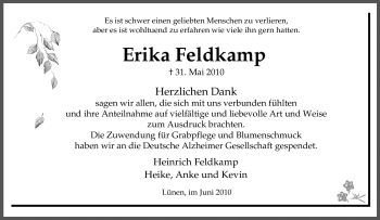 Traueranzeige von Erika Feldkamp von Tageszeitung