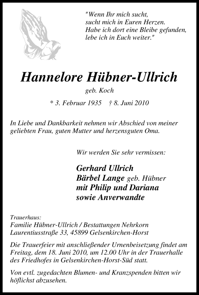  Traueranzeige für Hannelore Hübner-Ullrich vom 14.06.2010 aus Tageszeitung