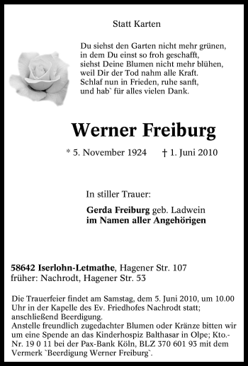Traueranzeige von Werner Freiburg von Tageszeitung