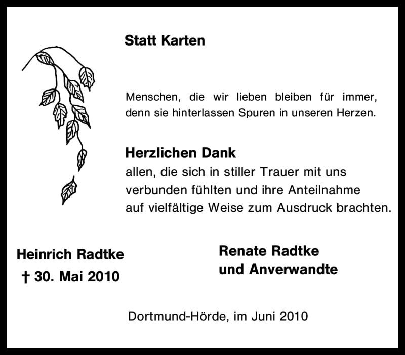  Traueranzeige für Heinrich Radtke vom 12.06.2010 aus Tageszeitung