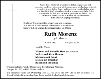 Traueranzeige von Ruth Morenz von Tageszeitung