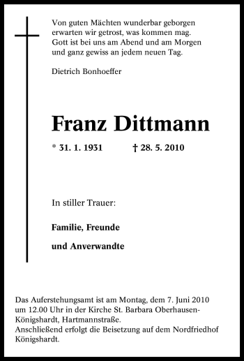 Traueranzeige von Franz Dittmann von Tageszeitung