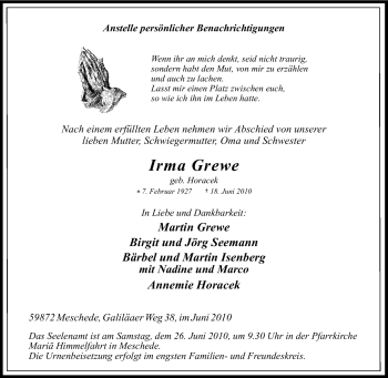 Traueranzeige von Irma Grewe von Tageszeitung