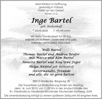 Traueranzeige von Inge Bartel von Tageszeitung