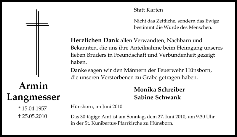  Traueranzeige für Armin Langmesser vom 19.06.2010 aus Tageszeitung