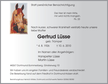 Traueranzeige von Gertrud Lüsse von Tageszeitung