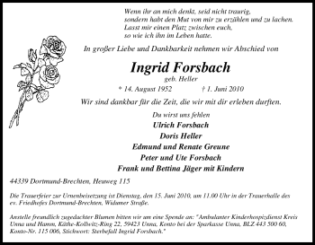 Traueranzeige von Ingrid Forsbach von Tageszeitung