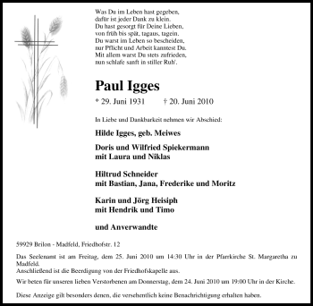 Traueranzeige von Paul Igges von Tageszeitung