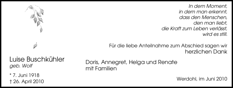  Traueranzeige für Luise Buschkühler vom 05.06.2010 aus Tageszeitung