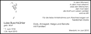 Traueranzeige von Luise Buschkühler von Tageszeitung