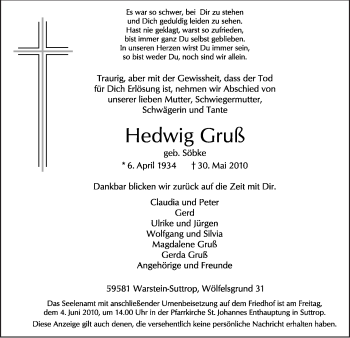 Traueranzeige von Hedwig Gruß von Tageszeitung