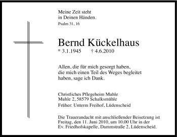 Traueranzeige von Bernd Kückelhaus von Tageszeitung