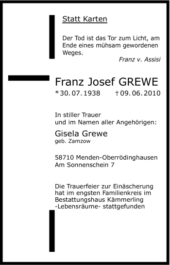 Traueranzeige von Franz Josef Grewe von Tageszeitung