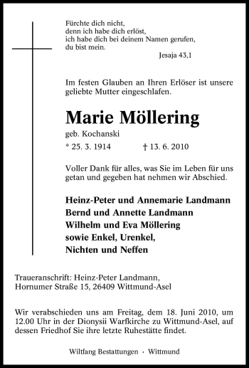 Traueranzeige von Marie Möllering von Tageszeitung
