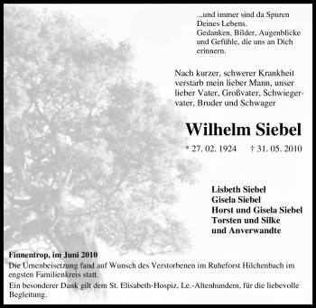Traueranzeige von Wilhelm Siebel von Tageszeitung