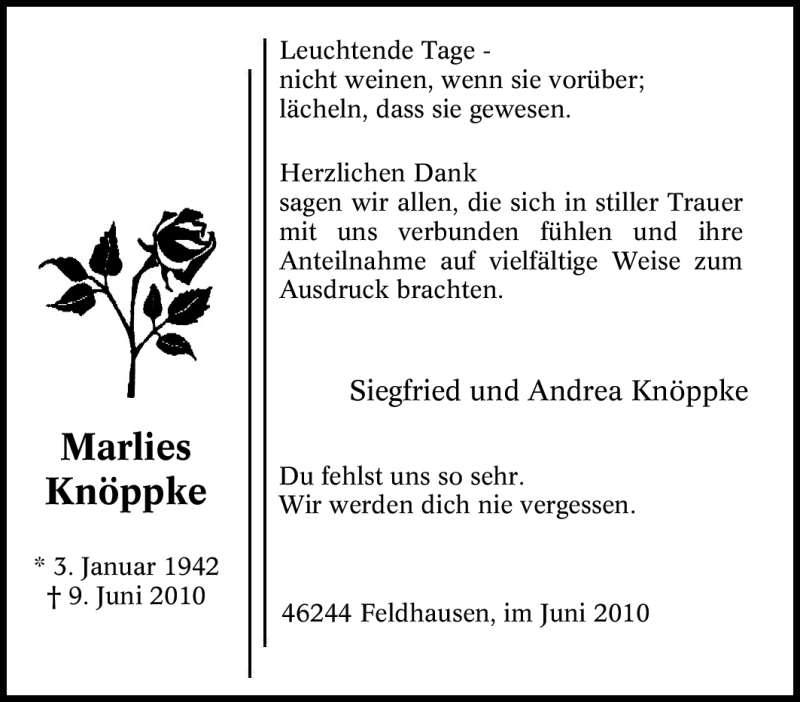  Traueranzeige für Marlies Knöppke vom 26.06.2010 aus Tageszeitung