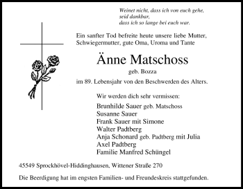Traueranzeige von Änne Matschoss von Tageszeitung
