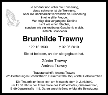Traueranzeige von Brunhilde Trawny von Tageszeitung