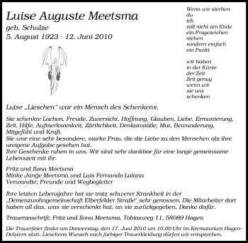 Traueranzeige von Luise Auguste Meetsma von Tageszeitung