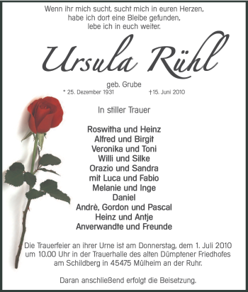 Traueranzeige von Ursula Rühl von Tageszeitung
