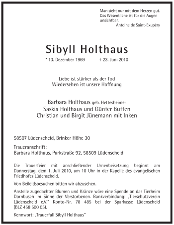 Traueranzeige von Sibyll Holthaus von Tageszeitung