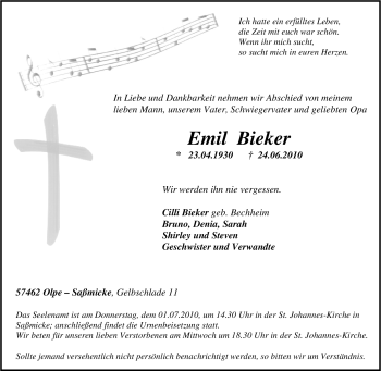 Traueranzeige von Emil Bieker von Tageszeitung